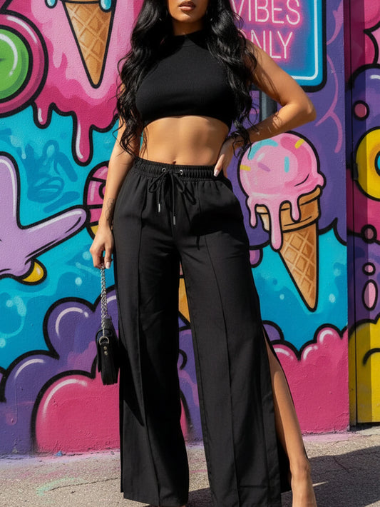 2-Piece Black High Neck Midriff Tank Smocked Waist Side Slit Wide Leg Pants Spice Girl Style Women Summer Date Wear
