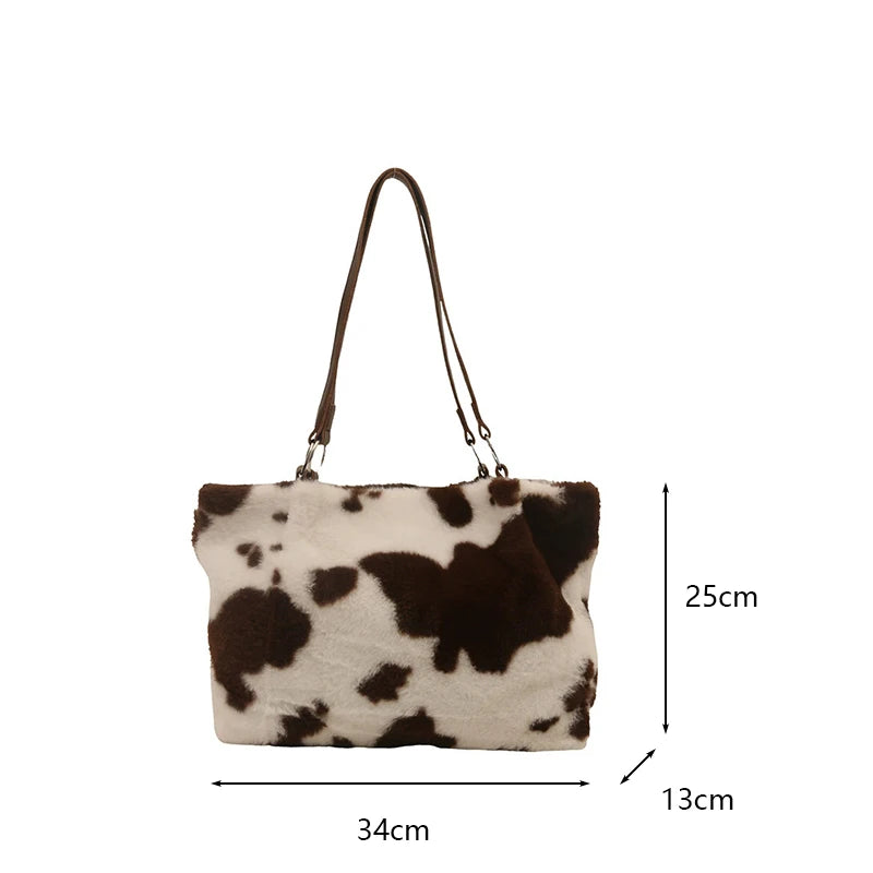 Large Capacity Shopper Bags For Women Winter Travel Tote Bag Cow Printing Plush Shoulder Bag Ladies Handbag Designer Bolsos