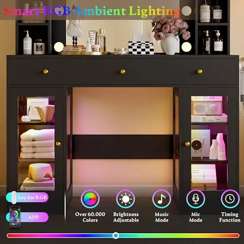 Makeup Vanity Desk with Mirror and Lights, Black Vanity with Glass Top, LED Lights & Power Outlet, 3 Drawers & 2 RGB