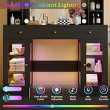 Makeup Vanity Desk with Mirror and Lights, Black Vanity with Glass Top, LED Lights & Power Outlet, 3 Drawers & 2 RGB