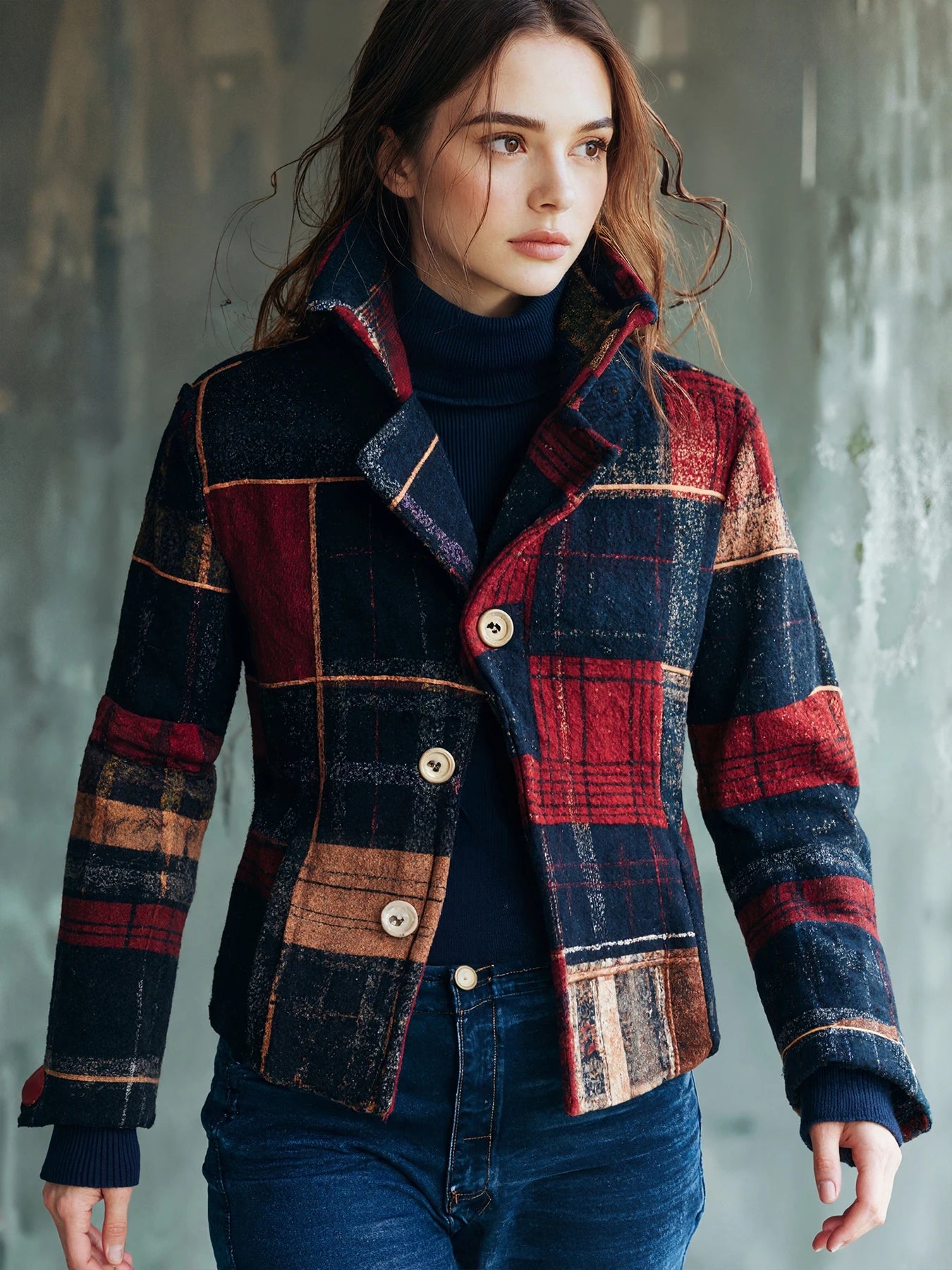 New Women's Retro Plaid Color-Block Lapel Long-Sleeved Blazer, Comfortable And Warm, Suitable For Autumn And Winter.