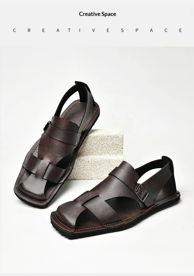 Retro Men's Summer Fashion Hollow Breathable Sandals Comfortable Anti-Slip Wear-Resistant Handmade Roman Style Slippers