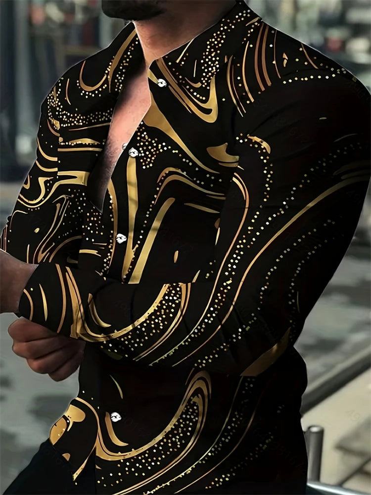 2025 Spring Men's Shirts Fashion Retro Street Texture Printed Shirts Men's Long-sleeved Lapel Shirt Shirt Top Office Clothing