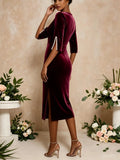 Women Burgundy Velvet Midi Dress Round Neck Pearl Split 3/4 Sleeve Bodycon Pencil Dress Elegant Wedding Guest Evening Party Formal Dresses