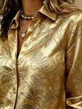 Lady's Golden Shirt with Brocade Leaf Pattern Buttons, Long-Sleeved, Stand-Up Collar Top. Elegant Style, Suitable for Office Parties.