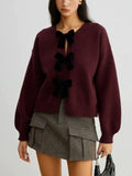 Autumn Winter Sweet Cute Coquette Women Wine Red Sweaters Cardigan Loose Lantern Sleeve Bow Knitted Fashion Female Outerwears