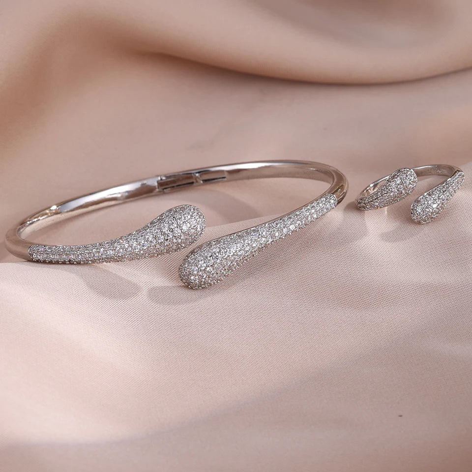 ZAKOL Elegant Brilliant Micropaved Zirconia Water Drop Bracelet Ring Set Luxury Engagement Wedding Party Jewelry for Women