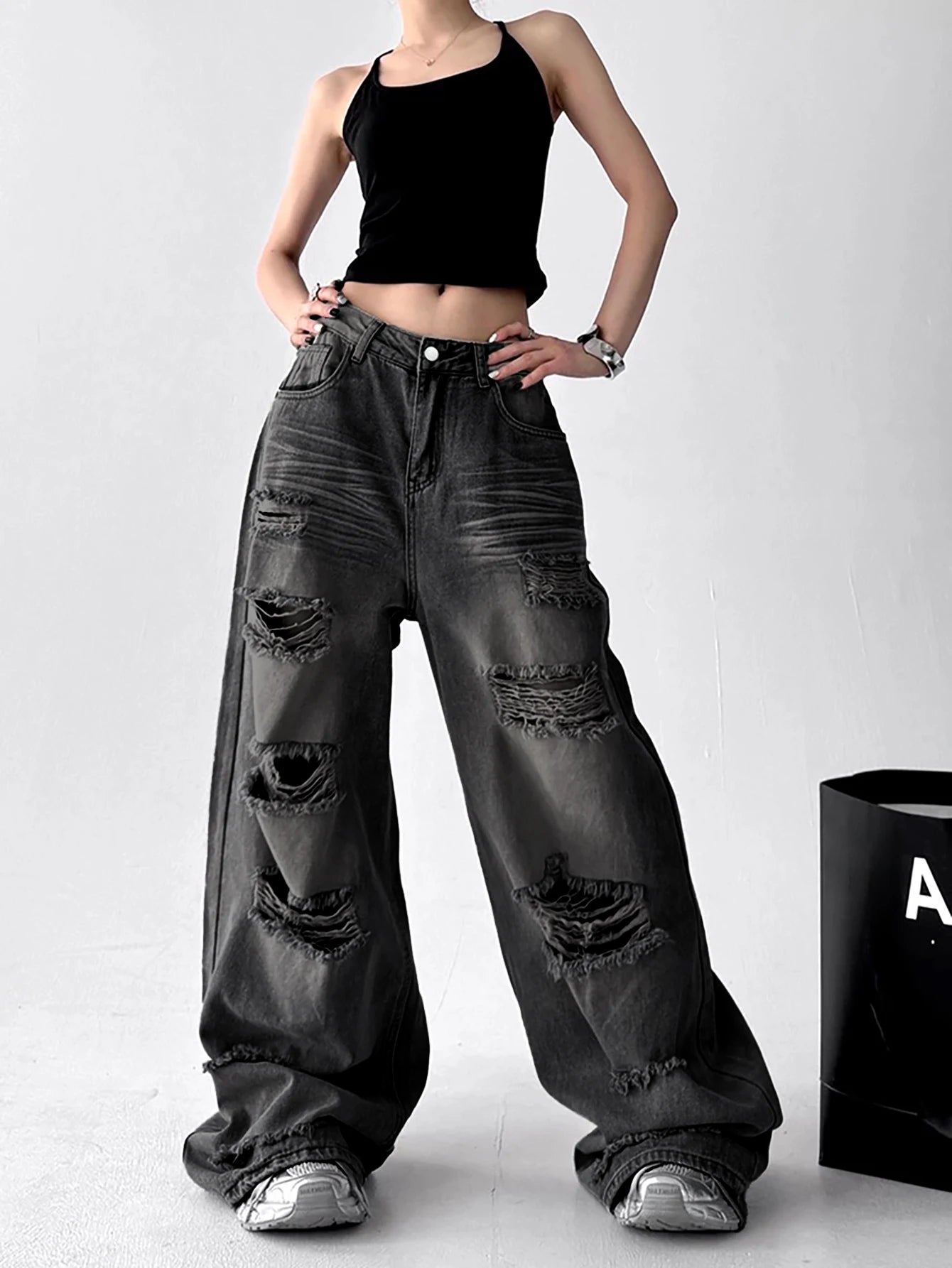 American Vintage Trend Ripped Frayed Black Baggy Jeans Women Y2K Street-Style Distressed Design Fashionable Versatile Wide-Leg Pants