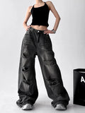 American Vintage Trend Ripped Frayed Black Baggy Jeans Women Y2K Street-Style Distressed Design Fashionable Versatile Wide-Leg Pants