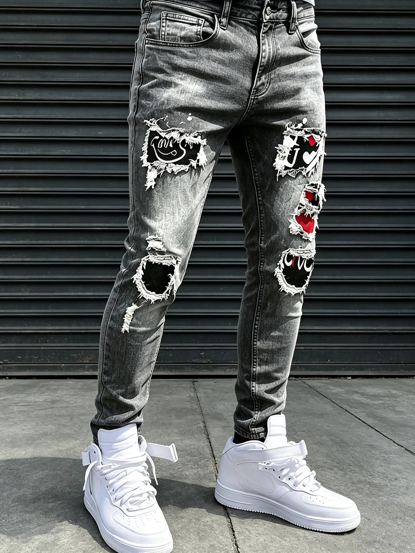 Men's jeans, street hip-hop style graffiti, ripped jeans, distressed washed, slimming, slimming, multifunctional casual versatile slim pants