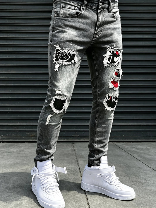 Men's jeans, street hip-hop style graffiti, ripped jeans, distressed washed, slimming, slimming, multifunctional casual versatile slim pants