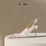 New Baotou Sexy Sandals with One Buckle and Summer Mesh, Rhinestone High Heels for Women, Slim Heels, Shallow Mouth