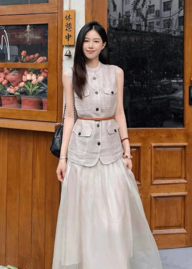Summer Female Hollow Out O Neck Vest New Women Single Breasted Leisure Vests Fashion Thin Sleeveless Jacket Solid Color Tank Top