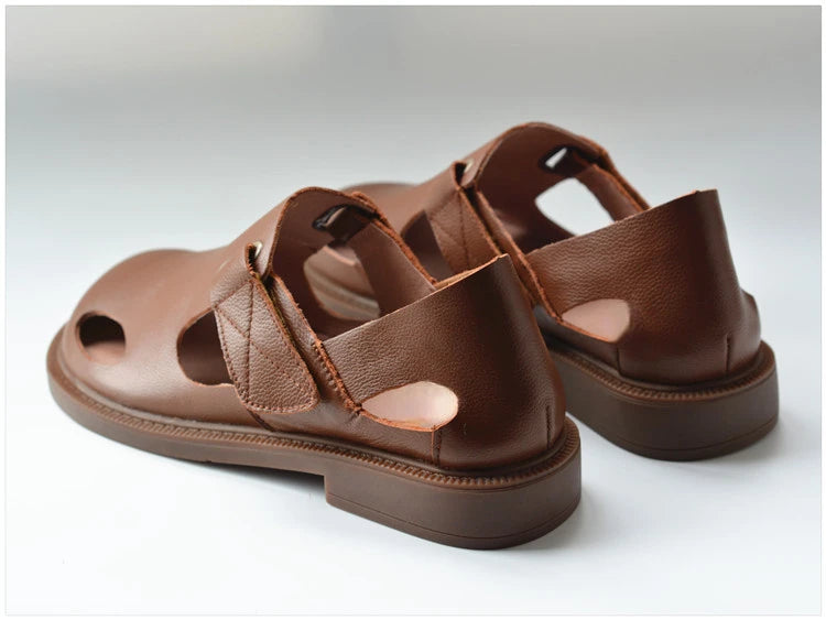 Summer Men's Shoes Flat Full Real Leather Sandal Cowhide Black Casual Old-fashioned Retro Outdoor Men's Sandals Old Man