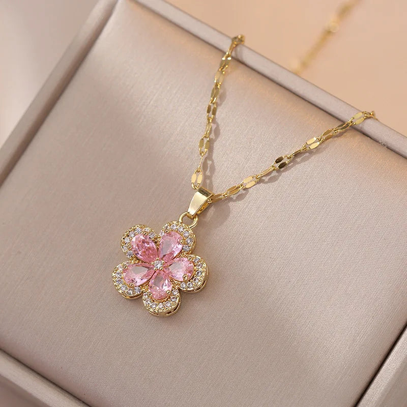 Bridal Pink Zircon Cherry Flower Stud Earrings and Pendants Stainless Steel Chains Necklaces For Women Luxury Jewelry Sets Gift