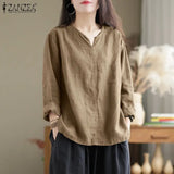 Vintage Women Blouse Autumn Long Sleeve Shirt Female V Neck Work Holiday Blusas ZANZEA Casual Solid Loose Shirt Cotton Chemise
