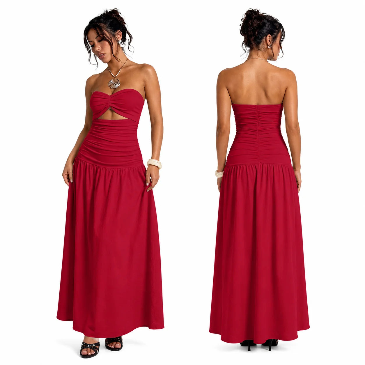 Women Strapless Twist Cutout Maxi Dress Ruched Waist Flowy A Line Long Tube Top Dress Summer Beach Vacation Casual Sundress