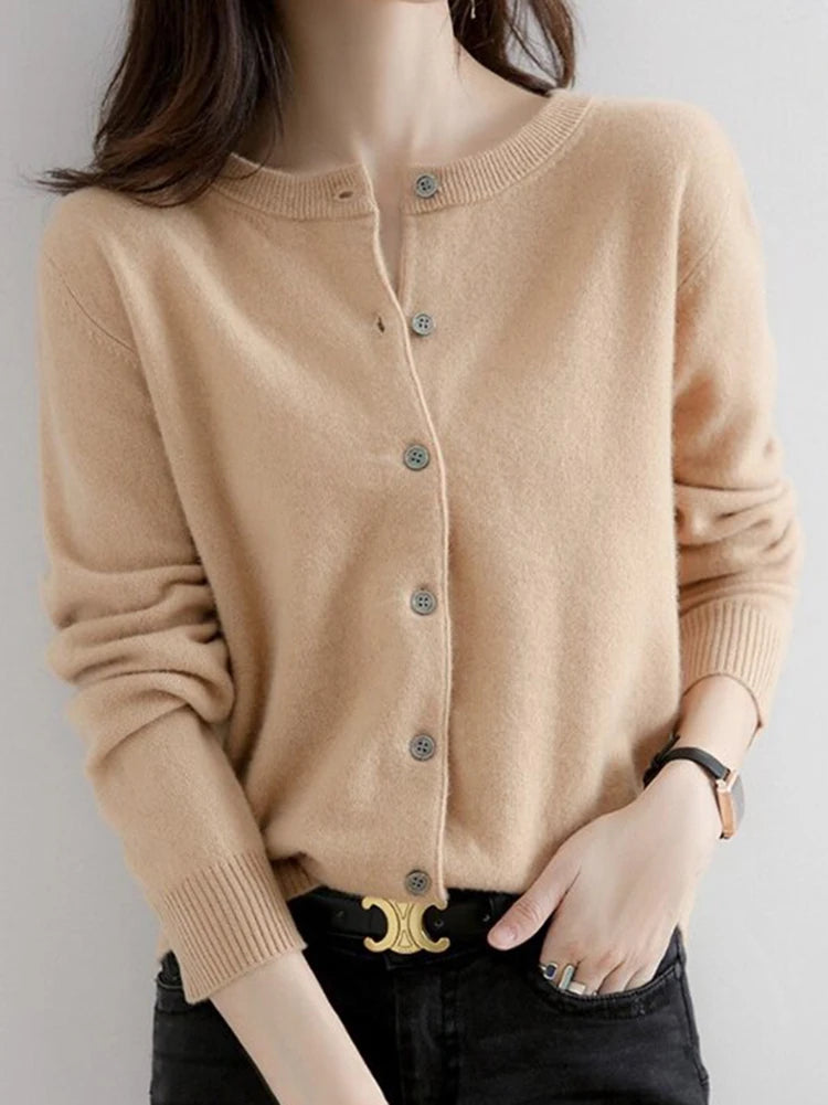 Women Knitted Cardigans Autumn Winter 2025 Round Neck Casual Long Sleeve Tops Solid Basic Soft Sweaters Female