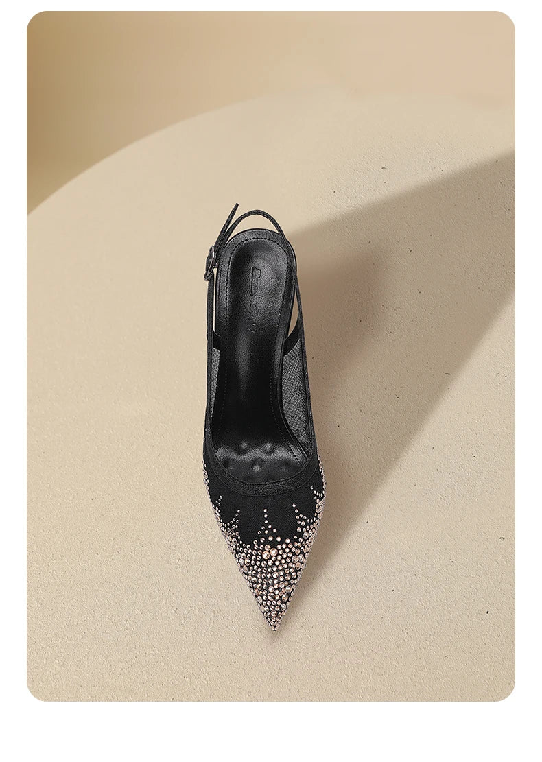 New Baotou Sexy Sandals with One Buckle and Summer Mesh, Rhinestone High Heels for Women, Slim Heels, Shallow Mouth