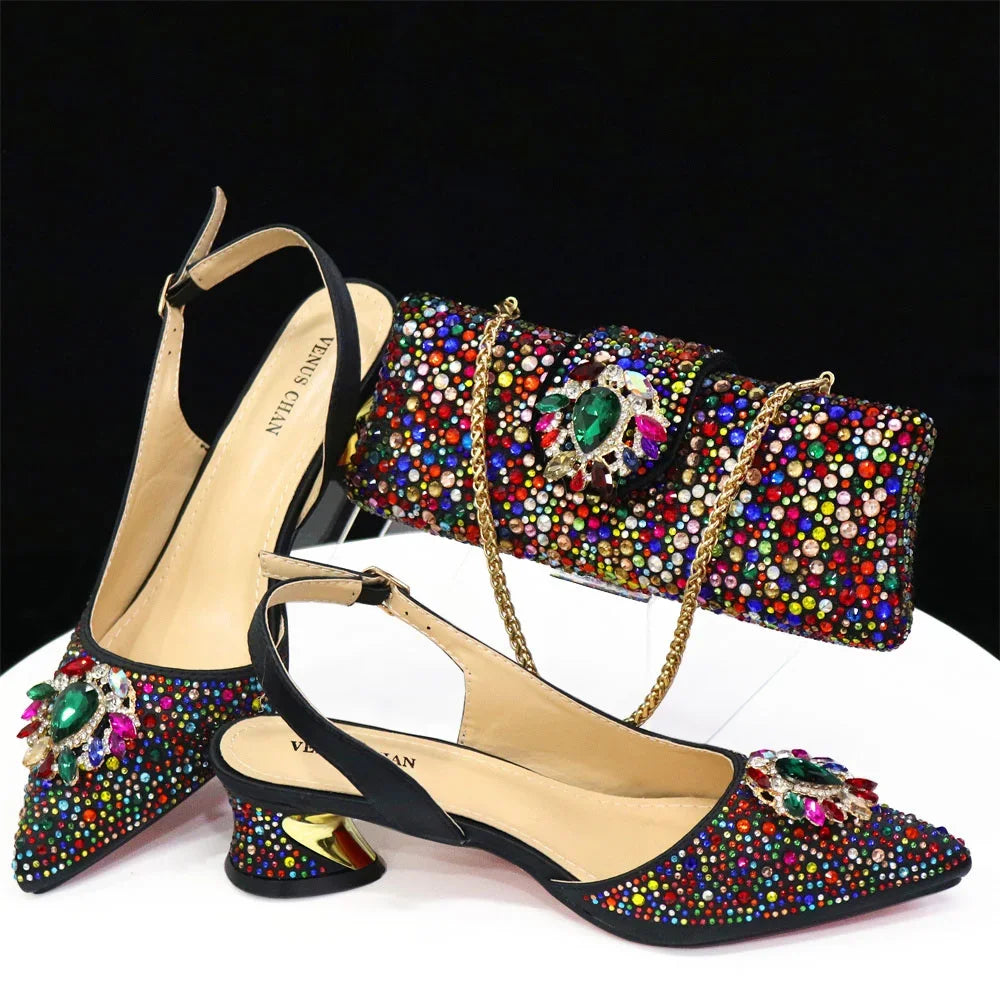 Venus Chan Royal Blue Sandals for Women 2024 Luxury Wedding Pumps Med Heels Rhinestone Design Party Shoes and Bags Set