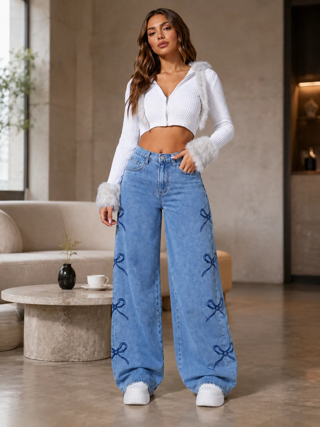 Y2K Bow Embroidery Wide Leg Jeans for Women, High Rise Vintage Light Wash Baggy Denim Trousers Trendy Casual Streetwear Daily Pants