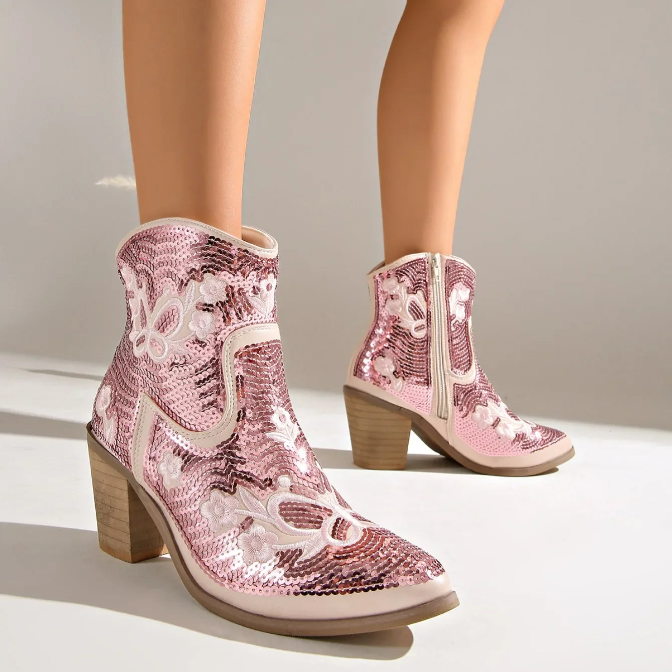 Women Pointed Toe Sequins Embroidery Western Cowboy Ankle Boots, Side Zipper Block Heel Autumn Y2K Fashion Short Heeled Booties