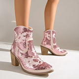 Women Pointed Toe Sequins Embroidery Western Cowboy Ankle Boots, Side Zipper Block Heel Autumn Y2K Fashion Short Heeled Booties