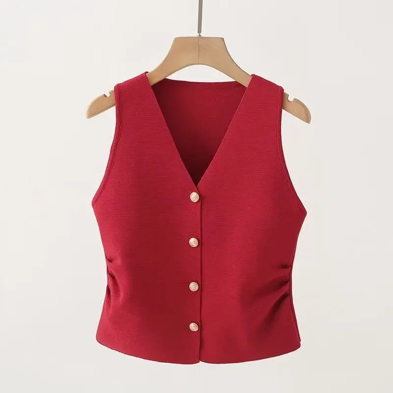 Womens Gold Button Front Vest V-Neck Ruched Waist Sleeveless Knit Jacket Casual Chic Spring Summer 2025 Trendy Outfit