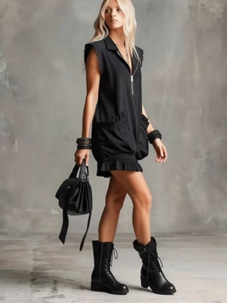 Stand Collar Half Zip Sleeveless Loose Mini Dress Lace Trim Pocket Ruffle Hem Dress For Women Street Punk Daily Trendy Outfit