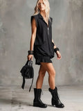 Stand Collar Half Zip Sleeveless Loose Mini Dress Lace Trim Pocket Ruffle Hem Dress For Women Street Punk Daily Trendy Outfit