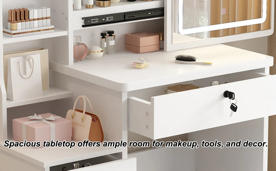 Vanity Desk, Makeup Vanity Desk with Sliding Mirror and Lights, Makeup Vanity Set with Drawers, Stool and Open Shelves, 3 Color Lighting Modes, Brightness Adjustable Dressing Table for Bedroom, White