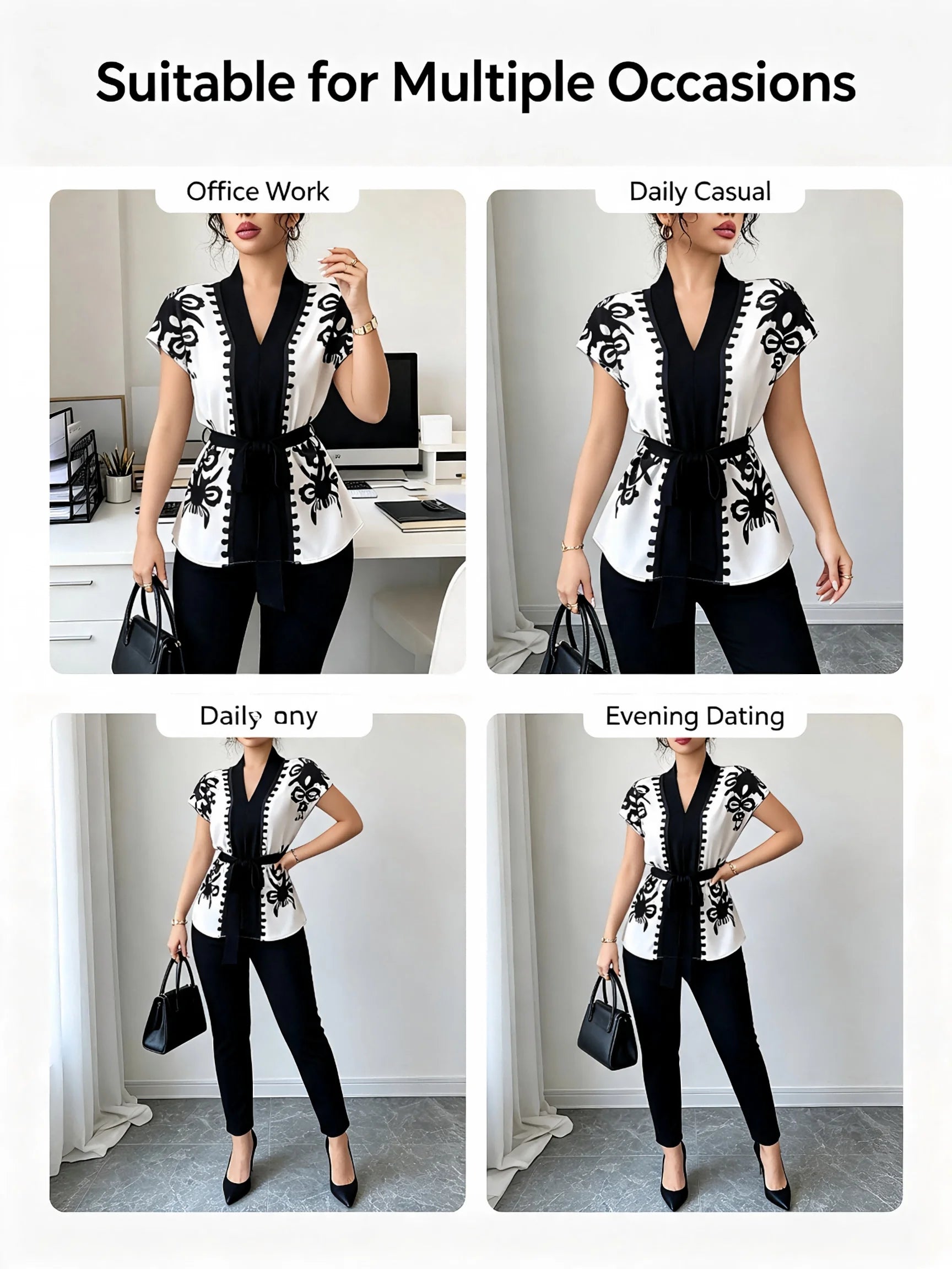 Elegant Summer Commute Floral Print Waist-Cinching Short Sleeve Top for Women Business Casual Shirt