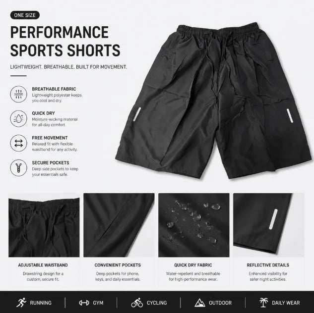 One Size Men Polyester Quick Dry Athletic Shorts Elastic Drawstring Zipper Pockets Jogging Workout Running Sport Shorts