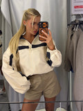 Women's Jackets Beige Black Zip Collar Crop Jacket Lapel Loose Streetwear Spring Autumn Chic Sports Outfits Short Coats 2026 New