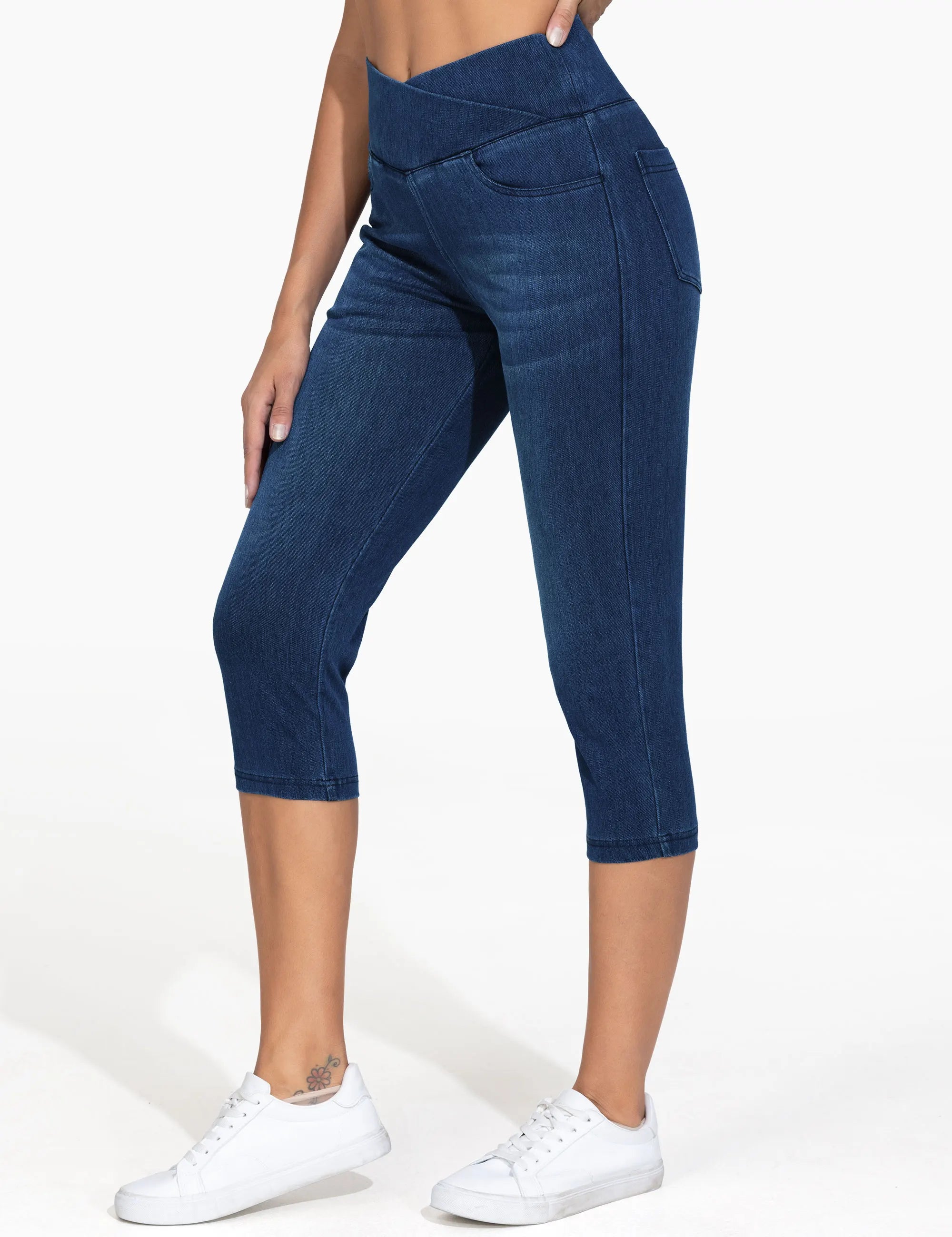 THE GYM PEOPLE Women's Cross Waisted Stretchy Capri Denim Jeggings Tummy Control Skinny Jean Leggings with Pockets