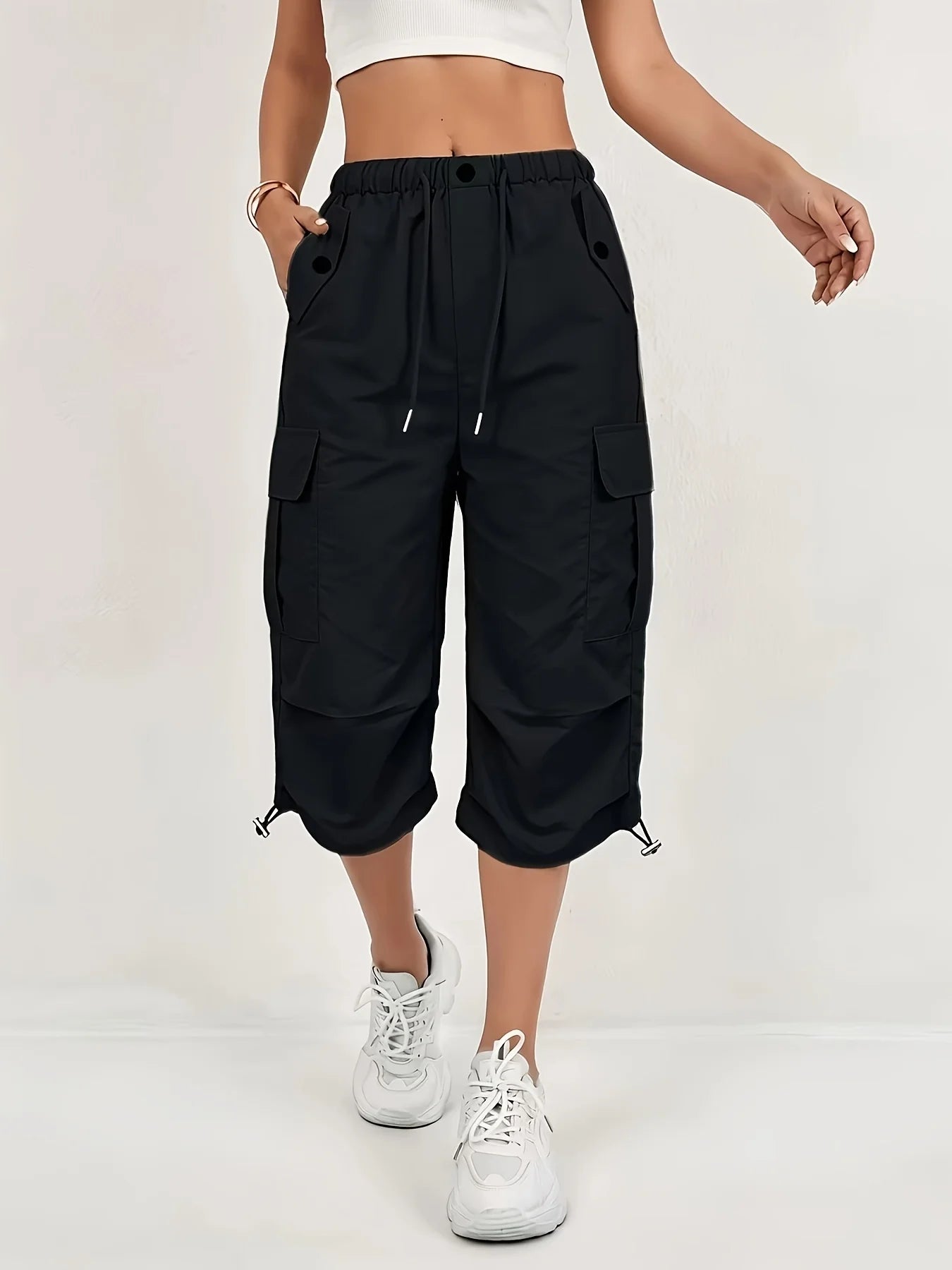 Women's Quick-Dry Cargo Capri Pants with Elastic Waist & Drawstring - Lightweight Stretch Suitable for - Outdoor Pants, Multi- Trousers, Machine Washable Loose-Fit Mid-Length for, Travel, Casual Attire