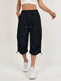Women's Quick-Dry Cargo Capri Pants with Elastic Waist & Drawstring - Lightweight Stretch Suitable for - Outdoor Pants, Multi- Trousers, Machine Washable Loose-Fit Mid-Length for, Travel, Casual Attire