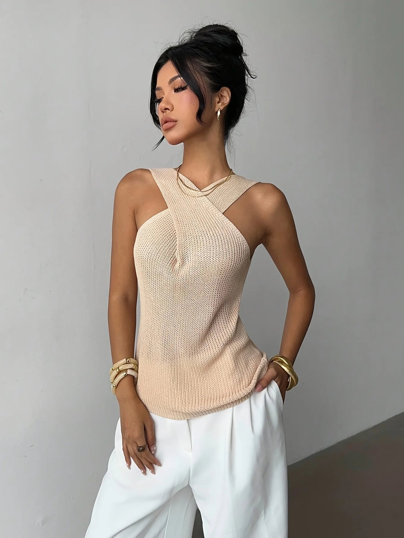Women Crisscross Halter Knit Tank Top Hollow Out Sleeveless Slim Camisole Summer Elegant Casual Vest