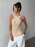 Women Crisscross Halter Knit Tank Top Hollow Out Sleeveless Slim Camisole Summer Elegant Casual Vest