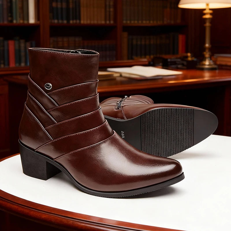 Luxury Men Boots Leather Chelsea Boots High Top Buckle Strap Formal Shoes Black British Style Ankle Boots Pointed Toe Brown Boot
