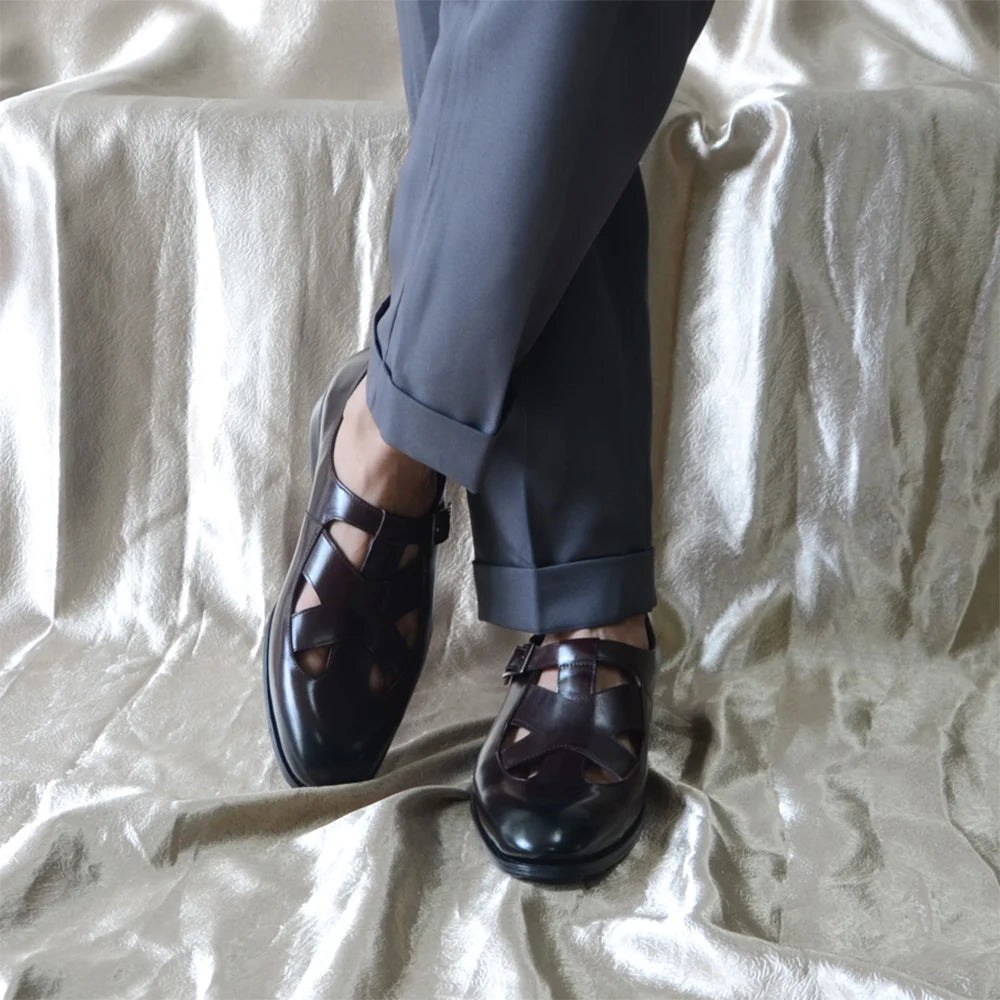 Genuine Leather Mens Classic Summer Dress Sandals Buckle Strap Black Brown Closed Toe Business Party Casual Formal Shoes for Men