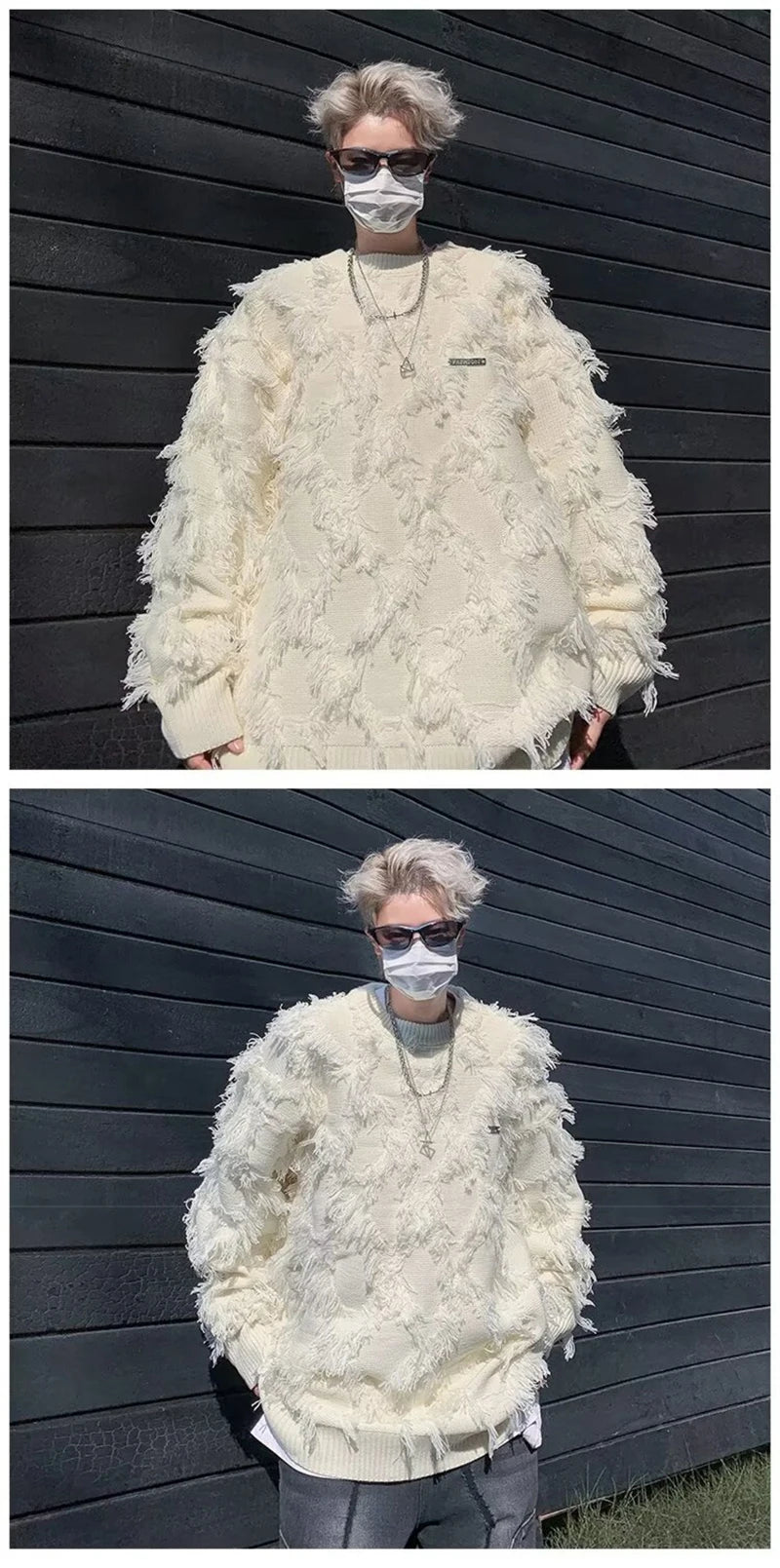 Winter Ripped Fringe Raw Edge Sweater For Men Hip Hop Fashion Knitted Pullovers Y2K Vintage Streetwear Knitwear Jersey Clothes