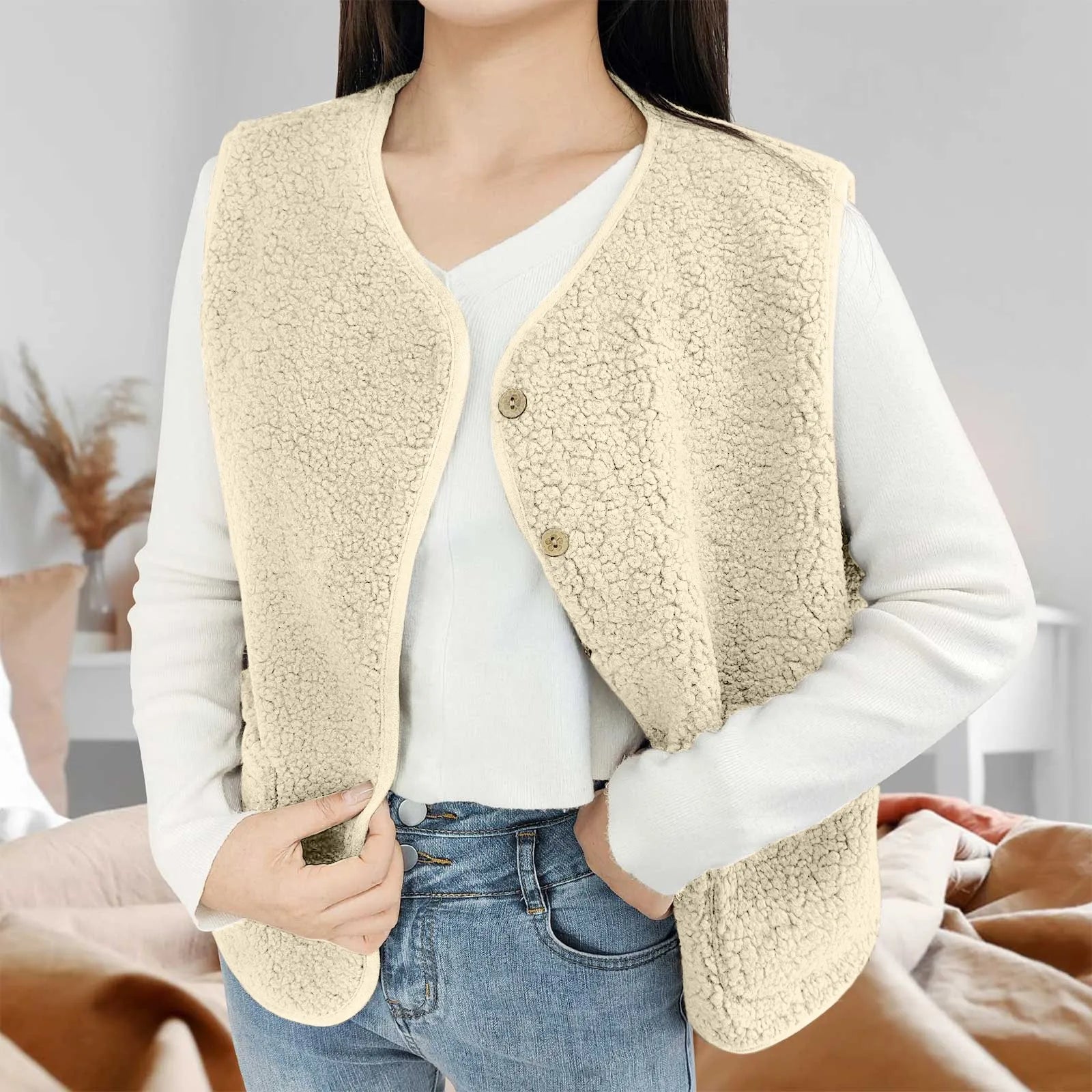 Women'S Teddy Fleece Vest Autumn Thin Vest Sleeveless Coat Plain Plush Vest Short Jacket Loose Fleece Vest Women Outwear