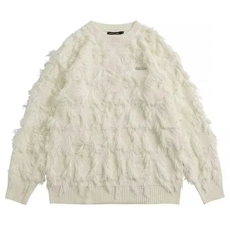 Winter Ripped Fringe Raw Edge Sweater For Men Hip Hop Fashion Knitted Pullovers Y2K Vintage Streetwear Knitwear Jersey Clothes