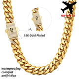 18K Gold Plated Cuban Link Chain Necklace for Men, 12/14mm Wide Miami Curb Chain Hip Hop Jewelry with Iced Out CZ Clasp, Luxury Streetwear Gold Chain Accessory for Party, Daily Wear, Birthday Gift