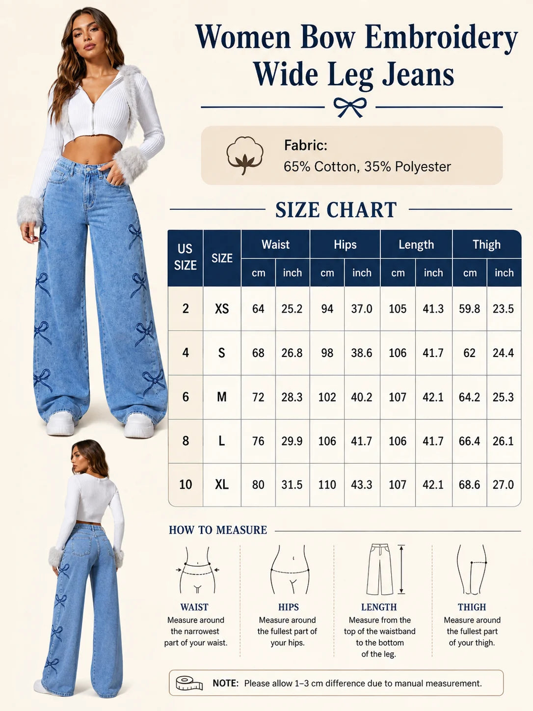 Y2K Bow Embroidery Wide Leg Jeans for Women, High Rise Vintage Light Wash Baggy Denim Trousers Trendy Casual Streetwear Daily Pants