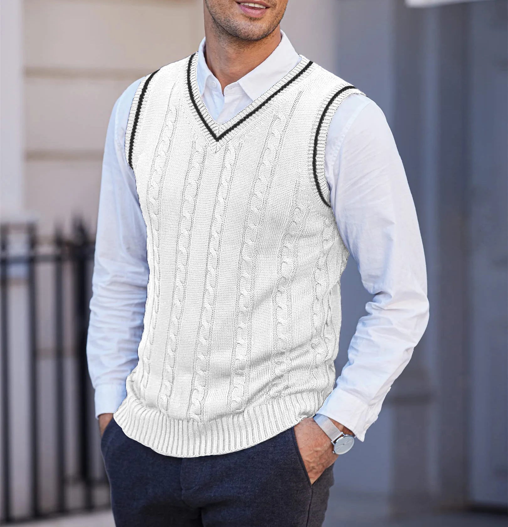 New Men's Knit V-Neck Sweater Vest Contrast Color Stripe Design Sleeveless Knitted Pullover Sweaters Men Smart Casual Waistcoats