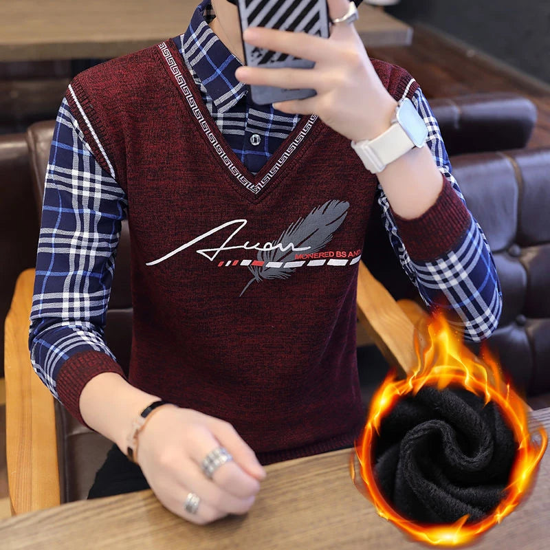 Autumn Winter Plaid Sweaters Polo Collar Pullover Slim Fit Man Clothes Plush Warm Jumpers Thick Fake 2 Piece Polo Shirts