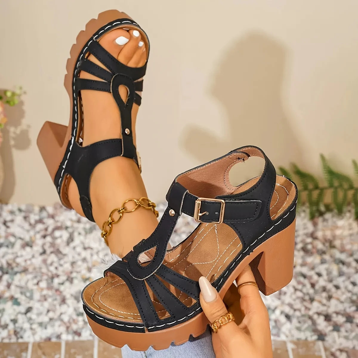 2026 Summer Women T-Strap Platform Block Heel Sandals Hollow Out Cutout Adjustable Buckle Ankle Strap Lug Thick Sole Non Slip Chunky High Heels Vintage Retro Party Club Daily Vacation Dating Shoes Black White Apricot Plus Siz