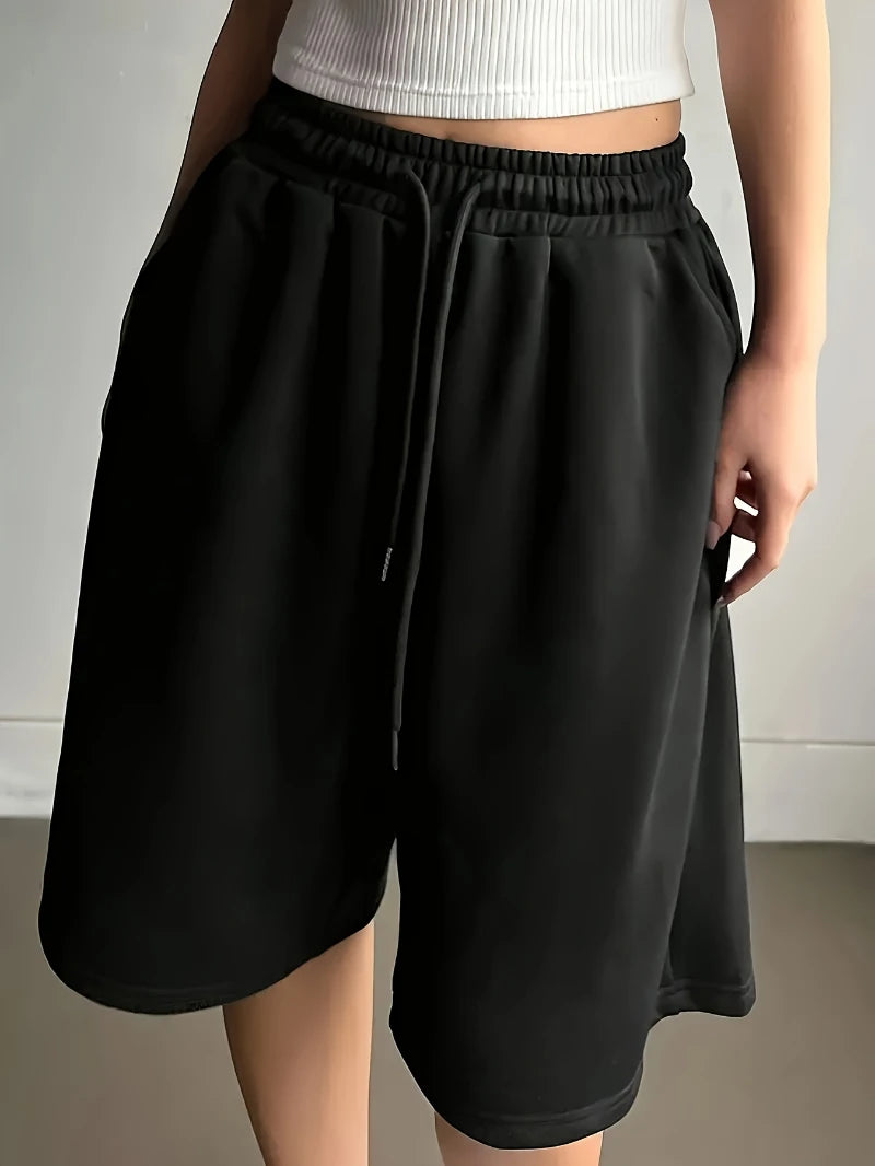 Plus Size - Plus Size - Plus Size Women'S Casual Solid Color, Machine Washable Fabric with Drawstring Pocket Shorts